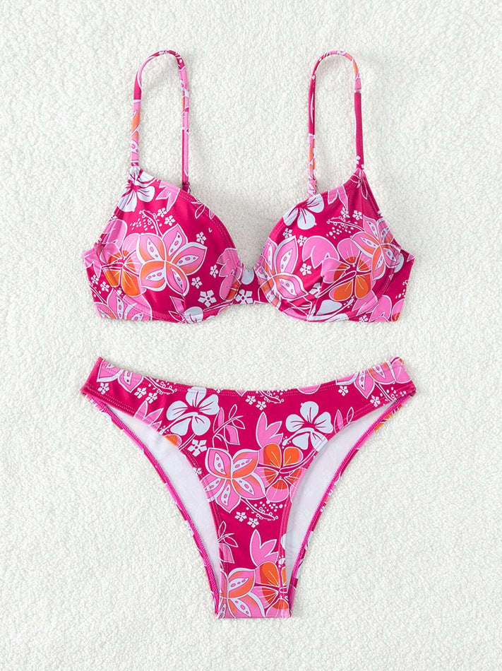 Dame polstret trekant-bikini med blomstermotiv og justerbare stropper Skovae