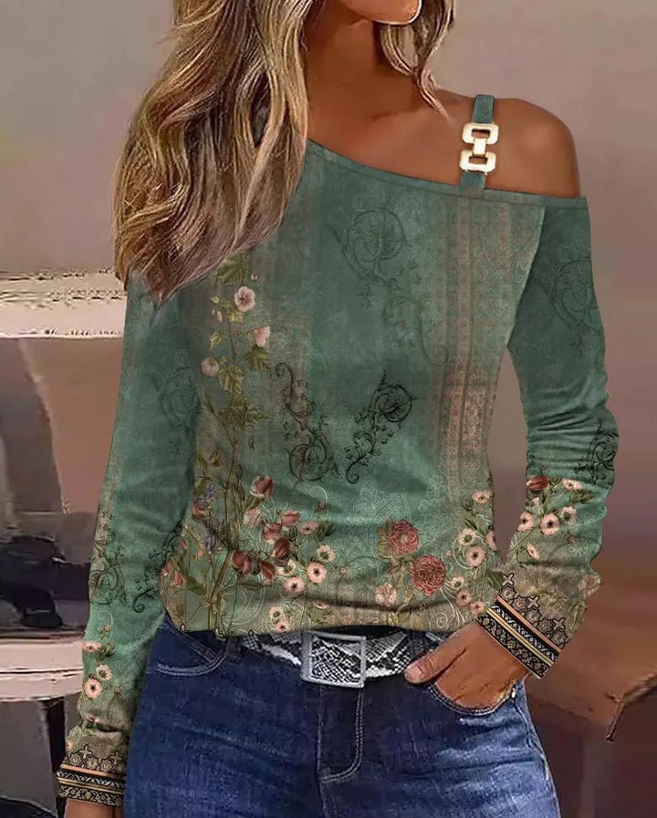 Dame top med asymmetrisk snit og blomsterdesign Stilla