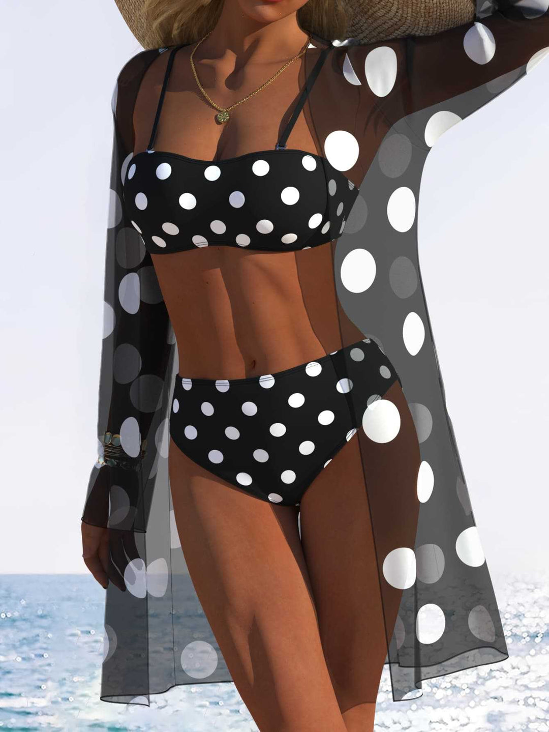 Dame Bikini-sæt med blomstret design og transparent strandjakke Skovae