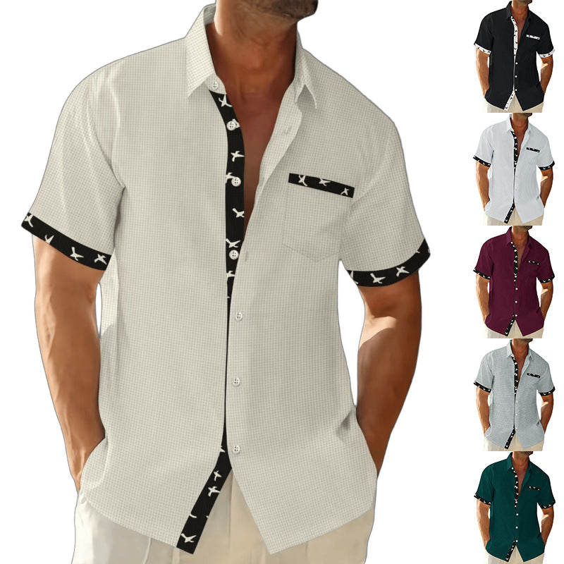 Herren nan struktureret kortærmet skjorte med brystlomme og kontrastbånd Skovae