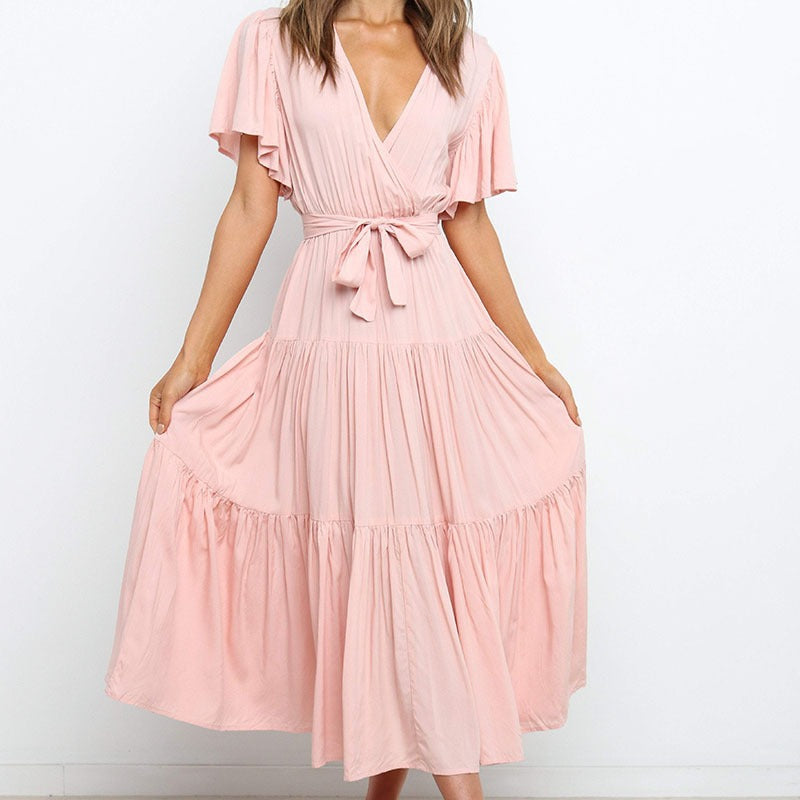 Dame Flydende Maxi-Kjole med Bindebånd og Sommerfugleærmer Stilla