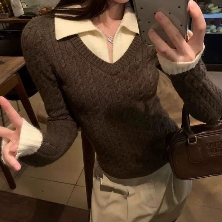 Kvinders Ribbet Strik Sweater med Skjorte Krave og Slips Stilla