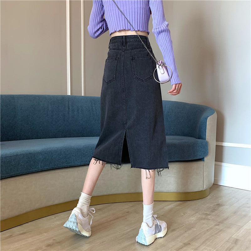 Dame Midi Denim Nederdel med Uregelmæssig Kant Stilla