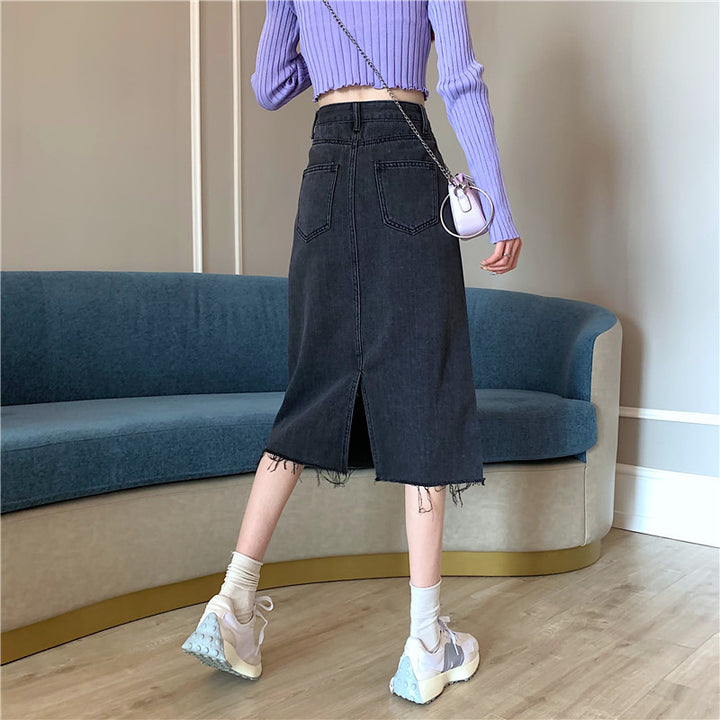 Dame Midi Denim Nederdel med Uregelmæssig Kant Stilla