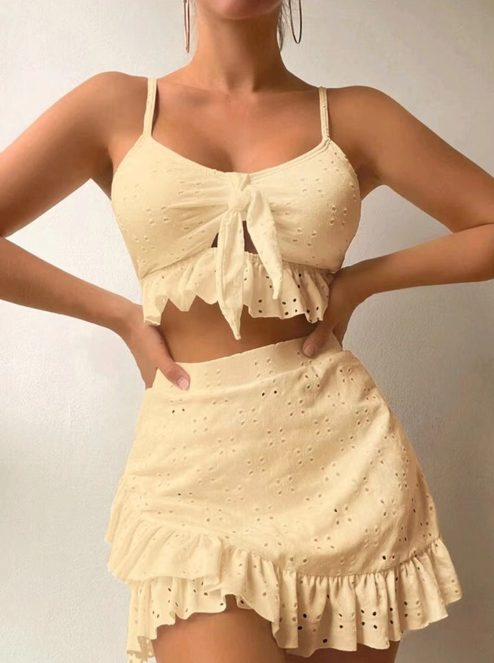 Dame Eyelet Crop Top og Rüsche Nederdel Sæt Stilla