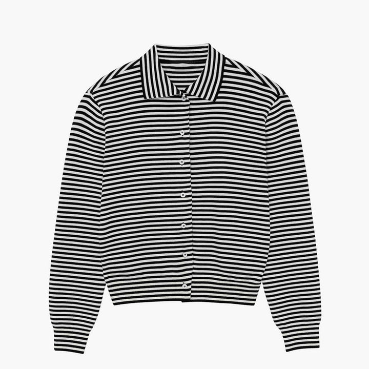 Dame elegant stribet knap-cardigan med klassisk krave Stilla