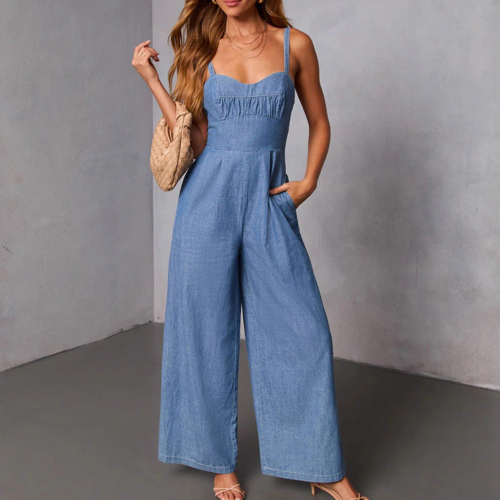 Kvinders jeans jumpsuit med bred ben og elegante stropper Stilla
