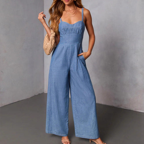 Kvinders jeans jumpsuit med bred ben og elegante stropper Stilla