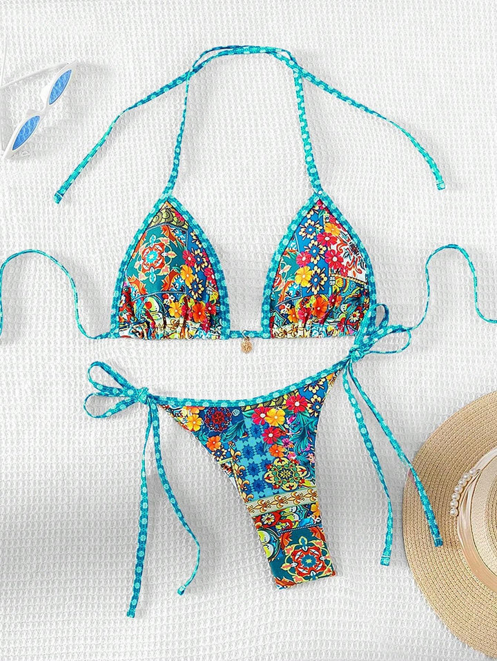 Dame triangel-bikini med farverigt blomster mønster mix og justerbare stropper Skovae
