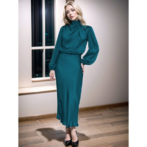 Dame elegant Midi-kjole med stålkrave og puffærmer Stilla