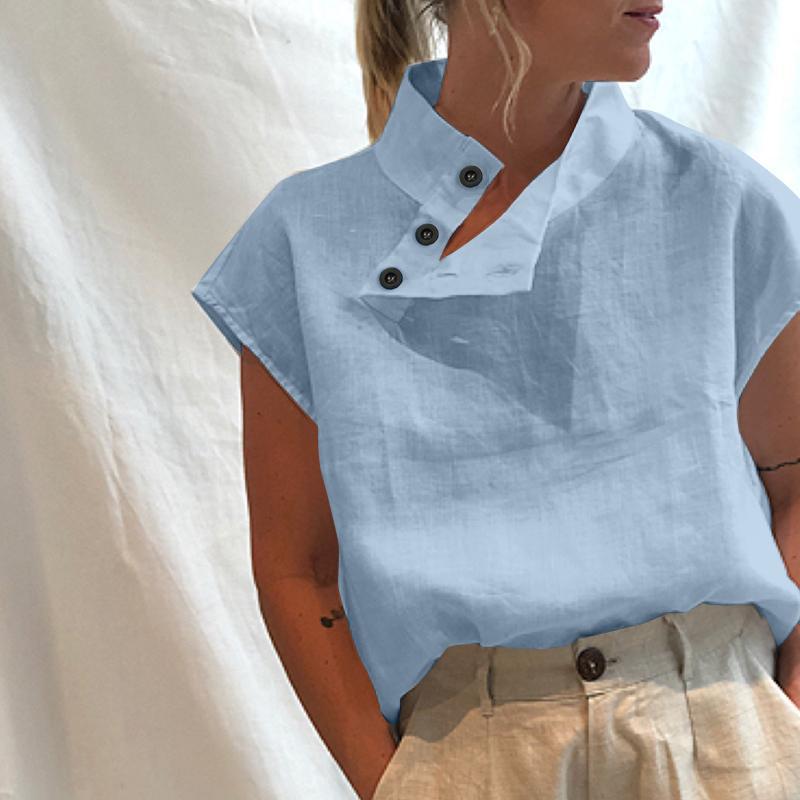 Dame moderne bluse med høj krave og elegante knapdetaljer Skovae