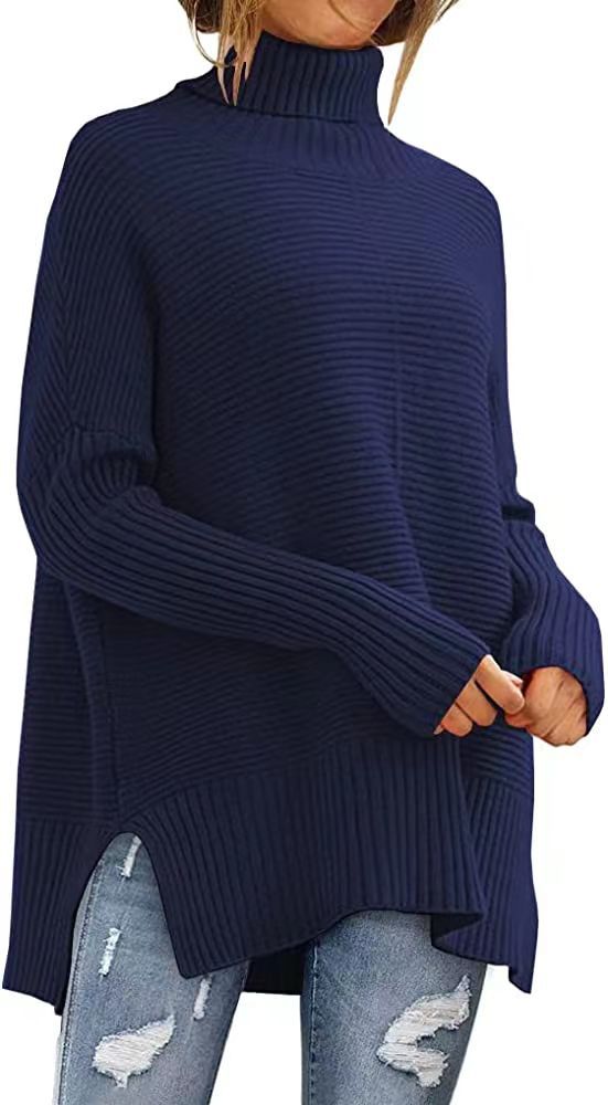Dame Stor Turtleneck Skipjorte med Fin Ribbet Struktur og Asymmetrisk Snit Stilla
