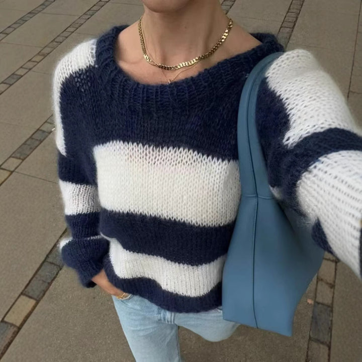 Kvinders stribede striktrøje med rund halsudskæring Stilla