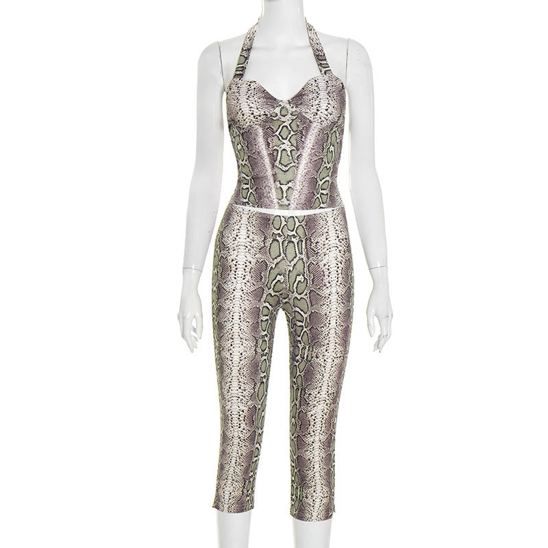 Damen trendiger Schlangenprint Jumpsuit mit tiefem Ausschnitt Skovae