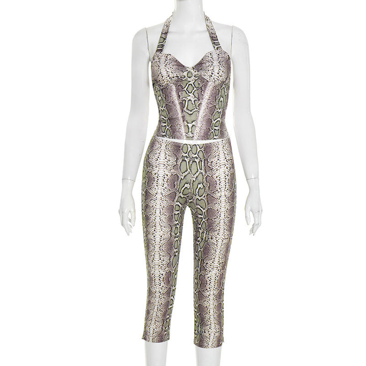 Damen trendiger Schlangenprint Jumpsuit mit tiefem Ausschnitt Skovae