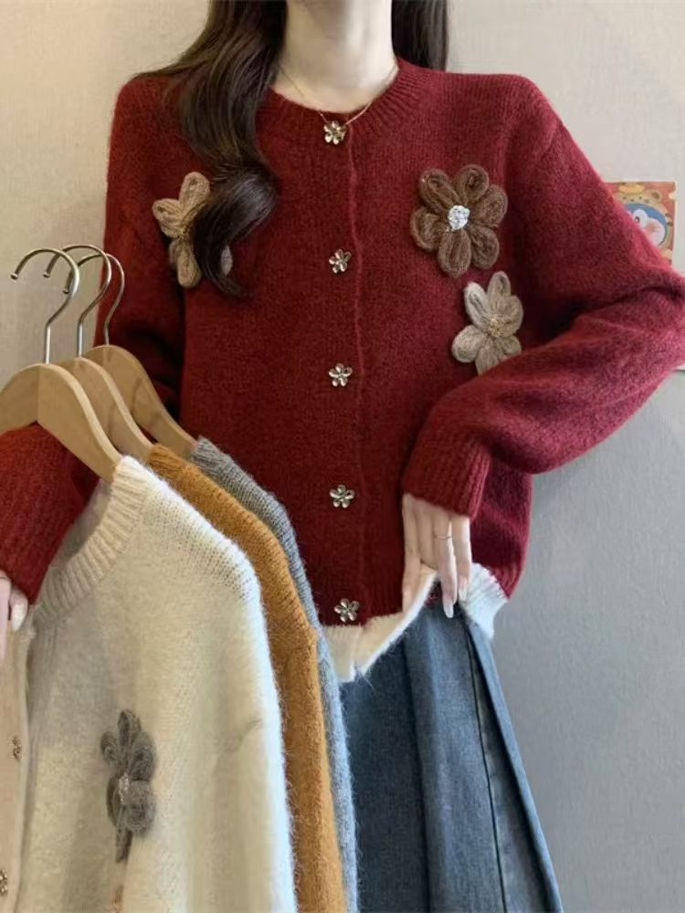 Dame Cozy Cardigan med Blomsterapplikationer Stilla