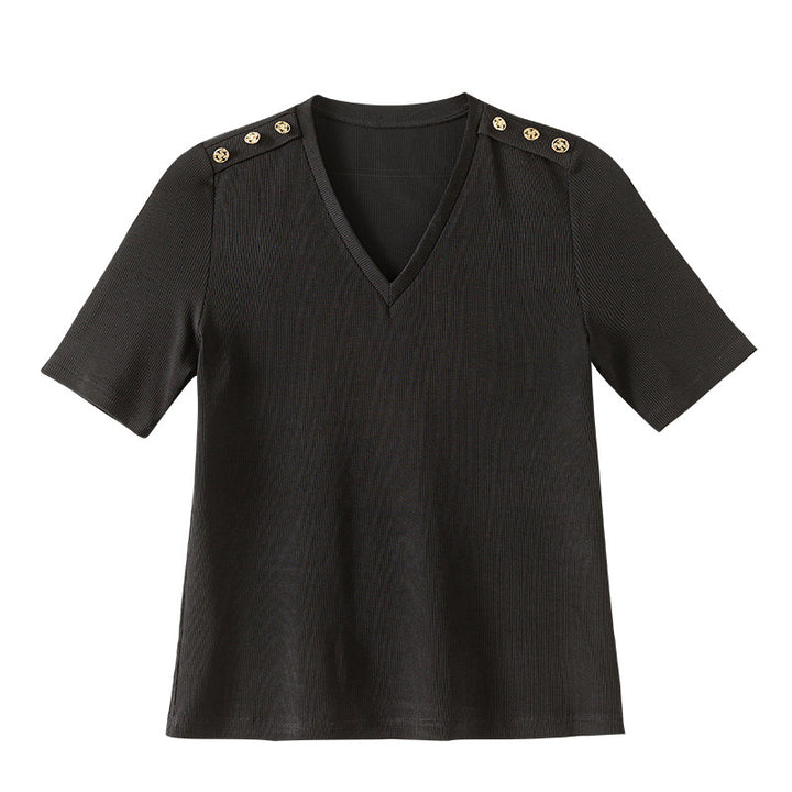 Dame moderigtigt V-hals T-shirt med dekorative knapper på skuldrene Stilla