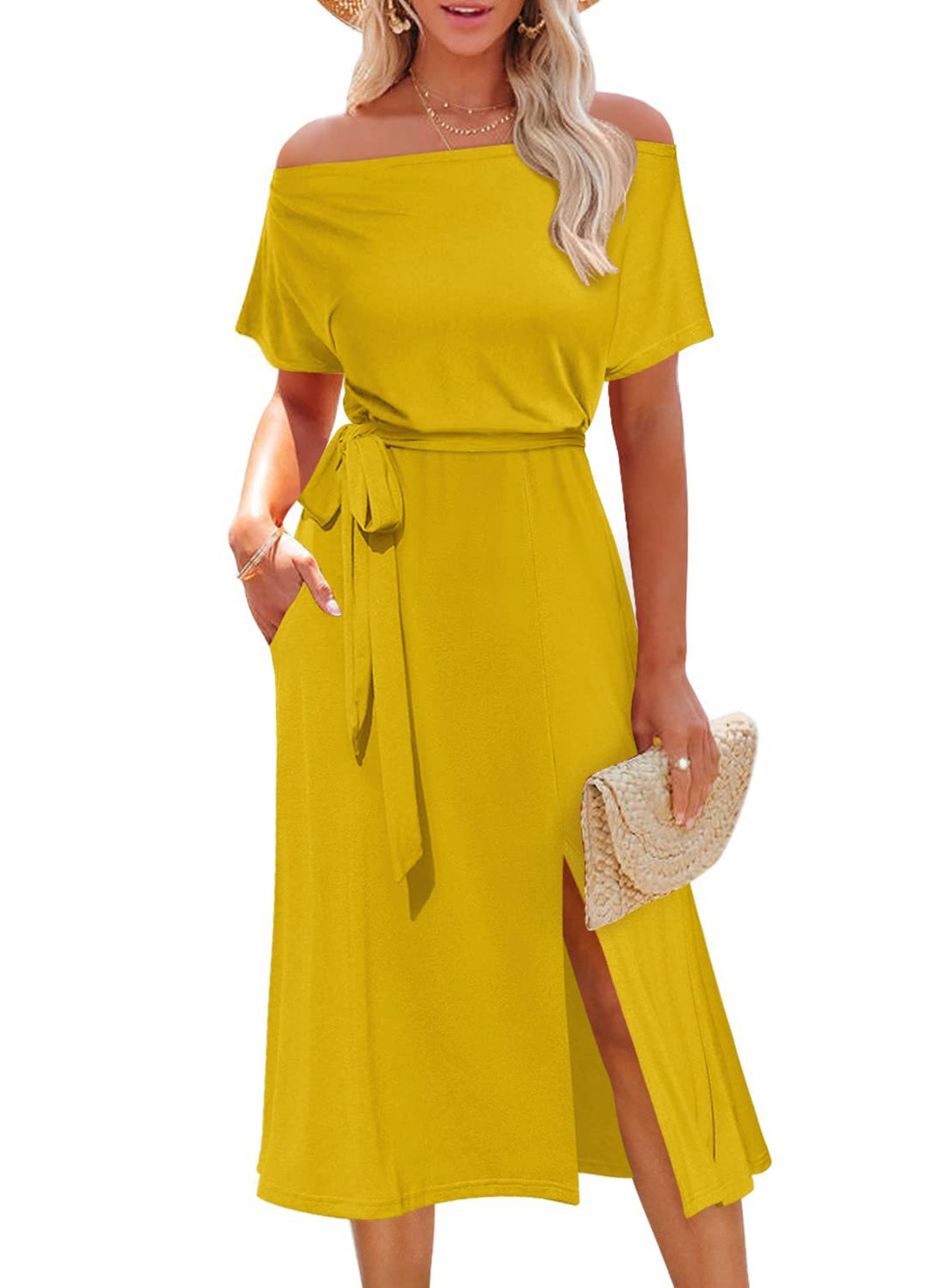Dame elegant Midi-kjole med split og off-shoulder design Stilla