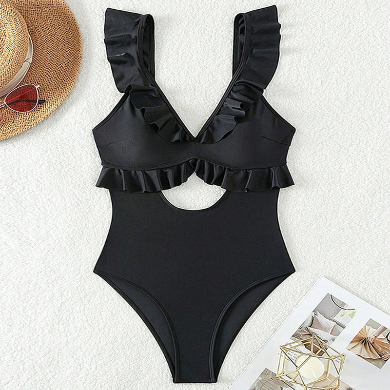 Dame One-piece badedragt med flæser og cut-out detaljer