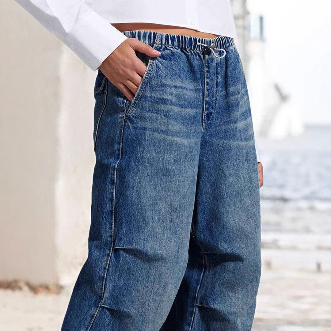 Dame bred Denim-bukser med elastisk talje og afslappet design Stilla