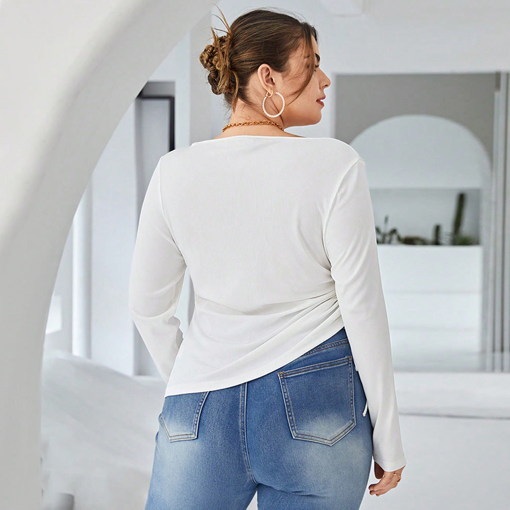 Dame asymmetrisk indpaknings top med lange ærmer og flæse detaljer Stilla