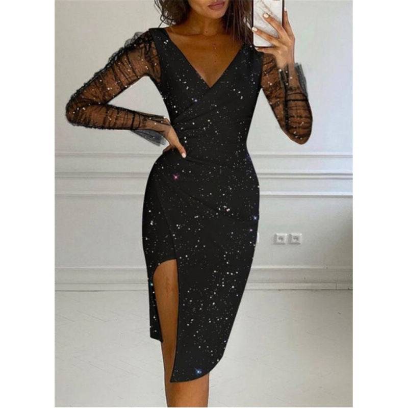 Dame Celestial Print Bodycon Midi Kjole med gennemsigtige ærmer Stilla