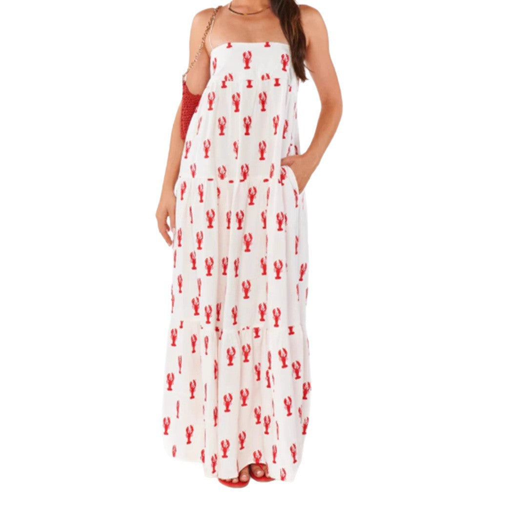 Dame strapless bandeau maxikjole med lagdelt volantnederdel og maritim hummermotiv Skovae