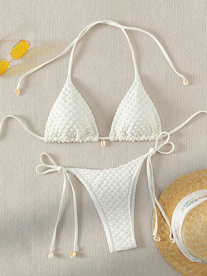 Dame Triangle-Bikini med struktureret materiale og fine bindebånd Skovae