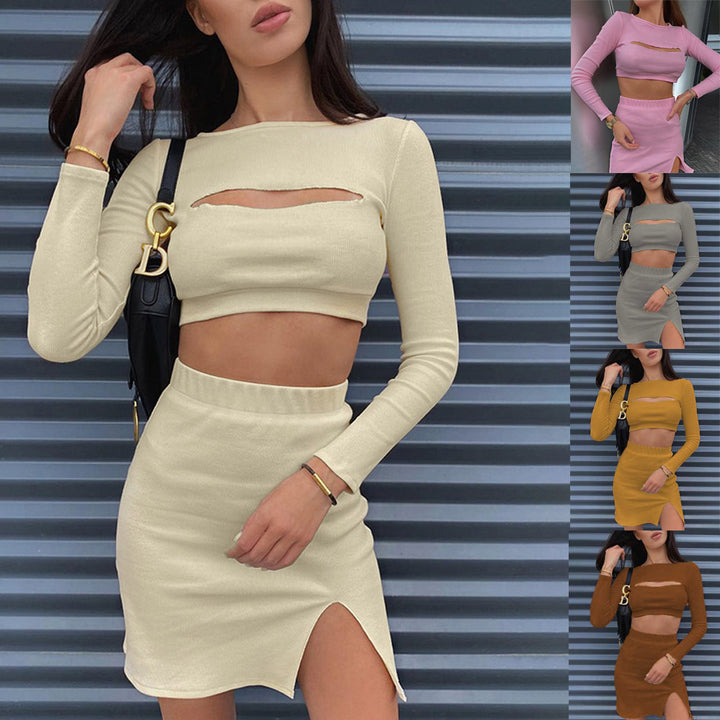 Dame To-delt Sæt med skulderfrit Crop-Top og Bodycon Nederdel med Slids Stilla
