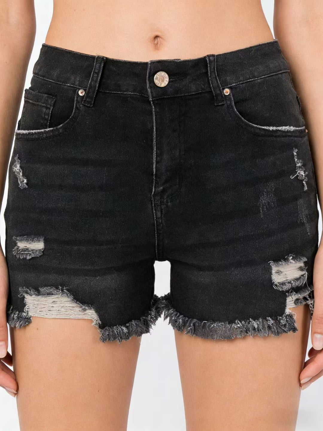 Dame Destroyed Denim-shorts med frynset kant og stilfulde revnedetaljer Skovae