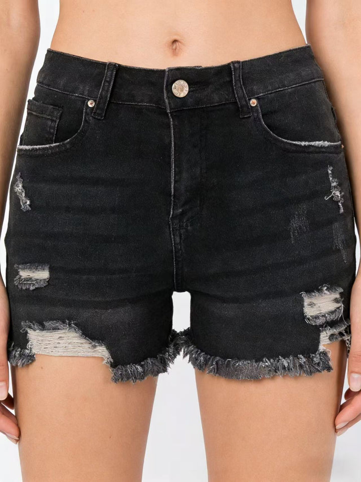 Dame Destroyed Denim-shorts med frynset kant og stilfulde revnedetaljer Skovae