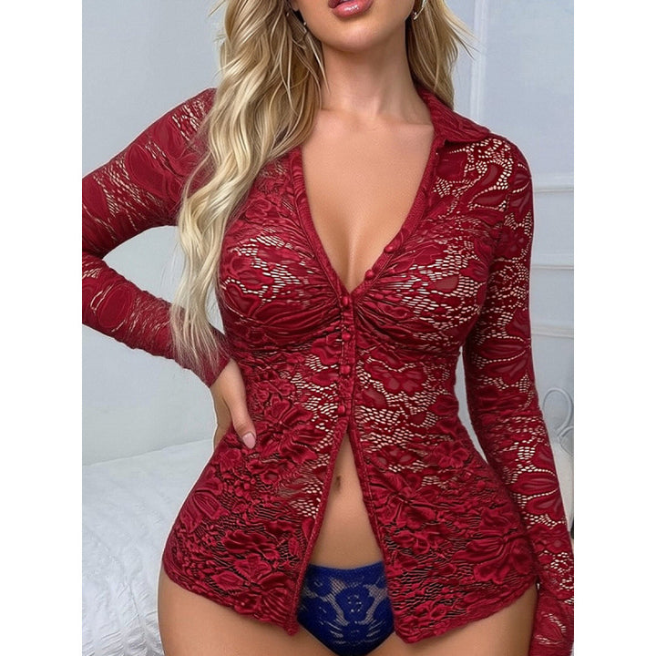 Damen Transparente Spitzenbluse mit knöpfbarem Ausschnitt und langem Arm Skovae
