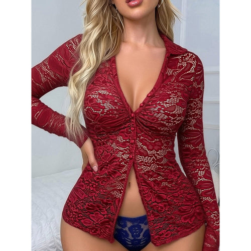Damen Transparente Spitzenbluse mit knöpfbarem Ausschnitt und langem Arm Skovae