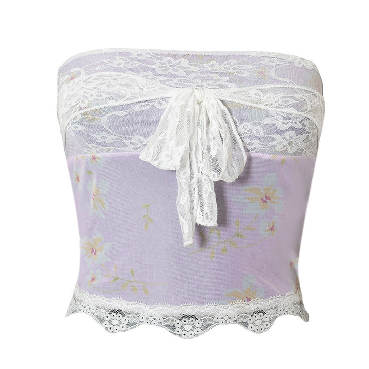 Dame bandeau-top med blomsterdetaljer og spidsafslutning Skovae