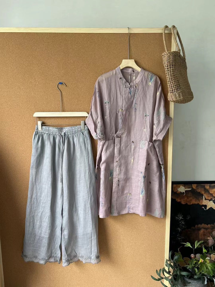 Femme Broderet Linned blouse og Løse Culottes Sæt Stilla