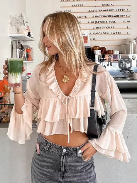 Dame Chiffon Bluse med ruffles detaljer og smart snoretræk Stilla