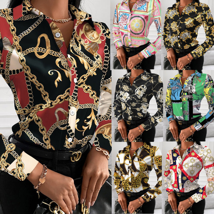 Dame Elegant Bluse med kunstnerisk tryk og fine detaljer Stilla