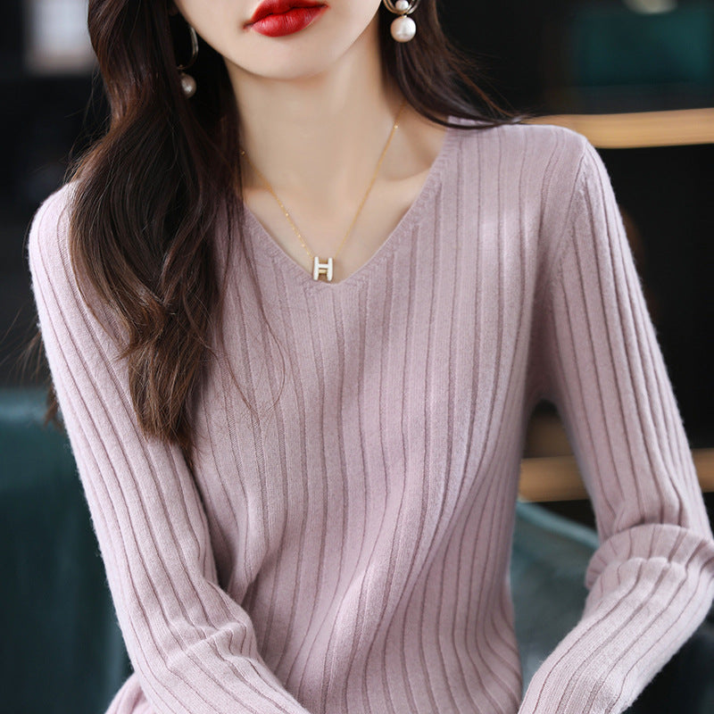 Femme Ribbet V-Udskæring Pullover Sweater Stilla