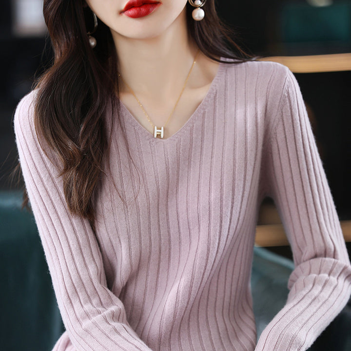 Femme Ribbet V-Udskæring Pullover Sweater Stilla