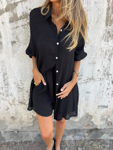 Dame Løs Bluse-Shorts-Sæt med Oversized Snit og Luftig Struktur Skovae