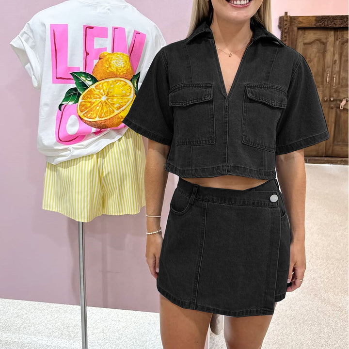 Dame Løs Denim-Crop-Top med matchende Nederdel Stilla
