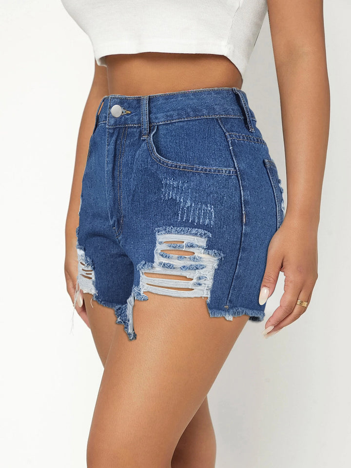 Dame Destroyed Denim-Shorts i afslappet stil med høj talje og frynset kant Stilla