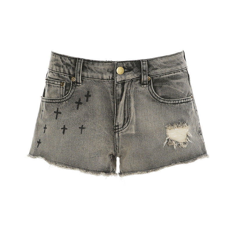 Dame Korte Jeansshorts med Leopardmønster og Rynket Talje Skovae