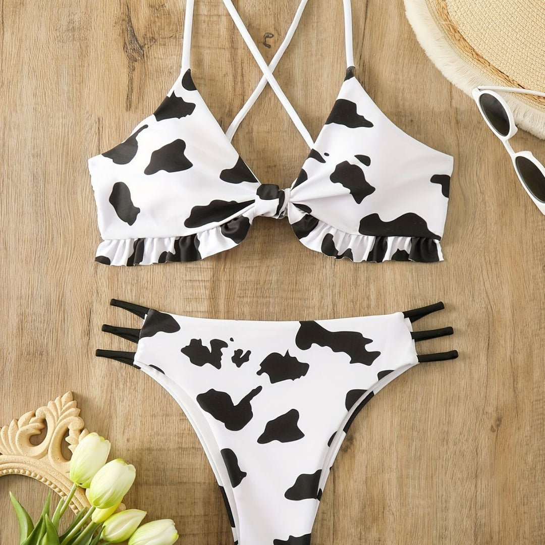 Dame triangel-bikini med frynse-detail og legende kødemønster Skovae