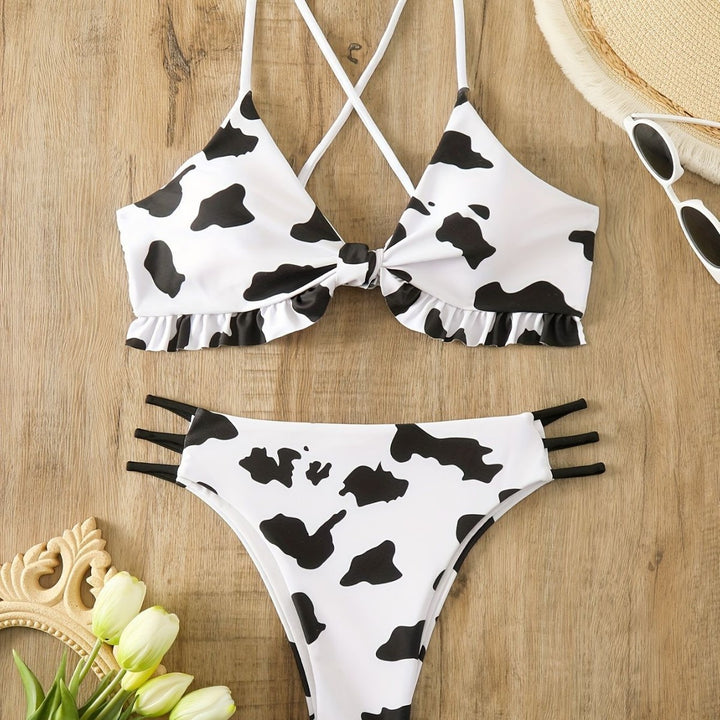Dame triangel-bikini med frynse-detail og legende kødemønster Skovae