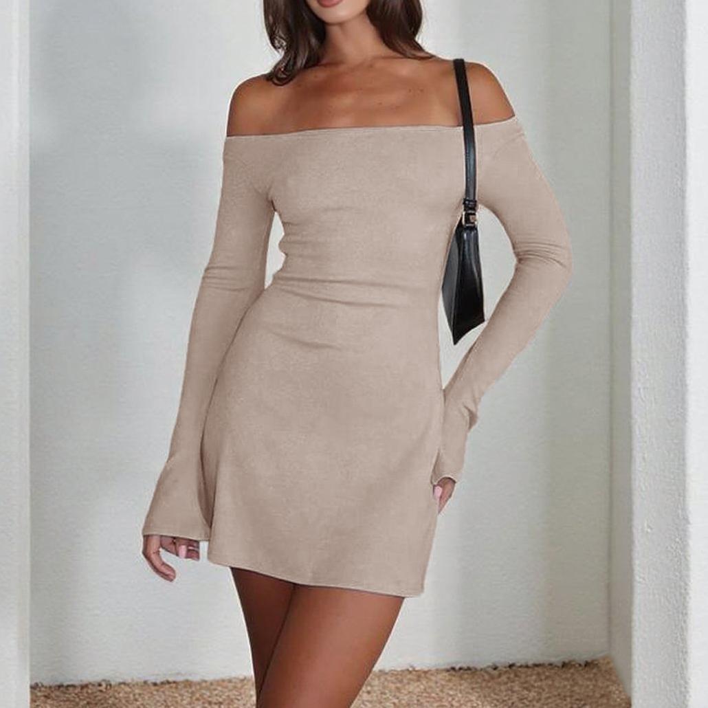 Kvinder Off-Shoulder Mini Kjole med Lange Ærmer og Figur-Fast Pasform Skovae