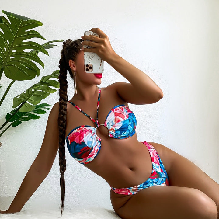 Dame Elegant Blomster-Bikini med Rynker Skovae