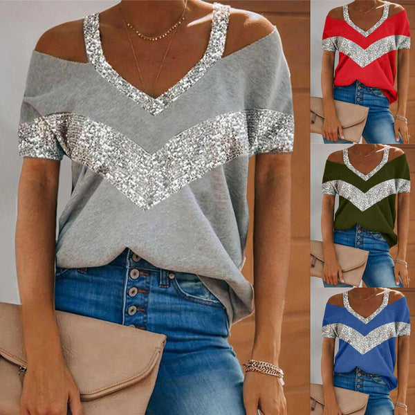 Dame V-hals Pailletter Akcent Fritidsbluse Stilla