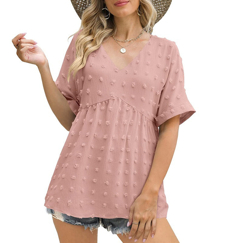Dame V-hals bluse med prikket design Stilla