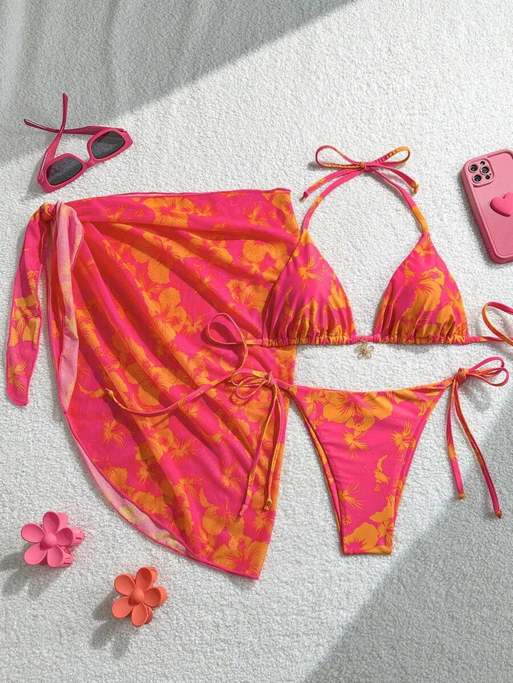 Dame Triangle-Bikini-Sæt med justerbare stropper og indpakningstykke Skovae